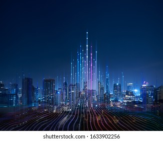La ciudad inteligente y el punto abstracto se conectan con la línea de degradado y el diseño estético de la línea de onda intrincada, el concepto de tecnología de conexión de big data.