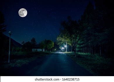 Bergstraße durch den Wald in einer Vollmondnacht. Szenische Nachtlandschaft des dunkelblauen Himmels mit Mond. Aserbaidschan. Langzeitbelichtung.