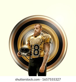 Concepto de movimiento y acción en el deporte. Joven jugador de fútbol americano posando con confianza sobre un fondo de pelota. Color dorado, moderno. Deporte, estilo de vida saludable, movimiento, bienestar. Diseño abstracto.