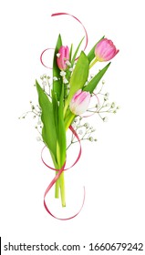 Pink tulips and gypsiphila flowers in a spring bouquet with silk ribbon isolated on white background
