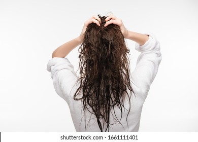 白で隔離きれいな長い髪に触れる若い女性の背面図