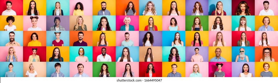 Photo collage of cheerful excited glad optimistic crowd of different human have toothy beaming smile wear casual clothes isolated over bright multicolored background