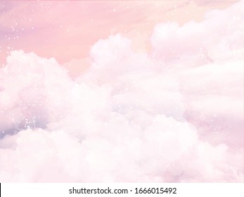 Suiker katoen roze wolken vector ontwerp achtergrond. Glamour sprookjesachtige achtergrond. Vliegtuighemelmening met sterren en zonsondergang. Aquarel stijl textuur. Fijne kaart. Elegante decoratie. Fantasie pastelkleur
