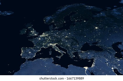 Bản đồ Châu Âu, chế độ xem ánh sáng thành phố về đêm Trái đất trong hình ảnh vệ tinh toàn cầu. EU, Nga, Địa Trung Hải và Trung Đông trong bóng tối, một phần của Thế giới được chụp từ không gian. Các yếu tố của hình ảnh này do NASA cung cấp