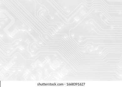 プリント回路基板の白いテクスチャ背景。コンピューター技術の背景。情報技術。テキスト用のスペース。グレースケールPCB背景。