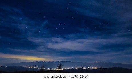 Starry sky and night view from the mountain in the Southern Alps