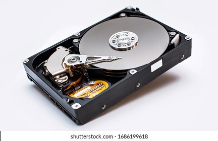 Detailed view of the inside of a hard disk drive