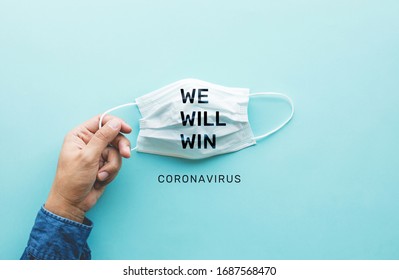 WIJ ZULLEN WINNEN op coronavirus, covid-19-uitbraak over de hele wereld. Lichaamsgezondheidszorg. Medische apparatuur. Vraag en aanbod. Hoop en oplossing. Grote veranderingssituatie, Bescherm uzelf met masker