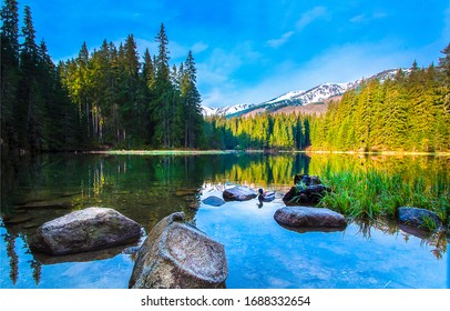 山の湖の穏やかな水の中の石