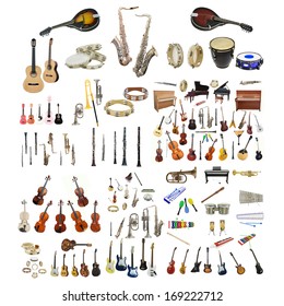 Different music instruments under the white background