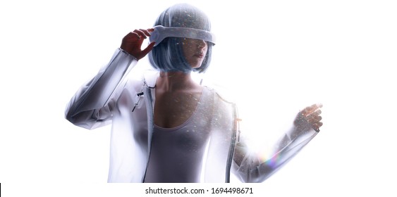 Beautiful woman with blue hair in futuristic costume over white background. Girl in glasses of virtual reality. Augmented reality, game, future technology, AI concept. VR.