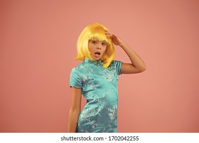Hobby and entertainment. Pop culture. Anime fan. Child cute cosplayer. Anime emotional expression. Anime admirer. Girl yellow wig. Cosplay character concept. Japanese style. Eastern trends for teens.