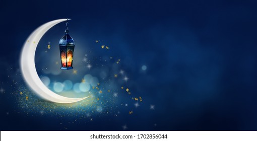 Ramadan Kareem background banner. Islamic Greeting Cards for Muslim Holidays and Ramadan. Blue banner with moon and lantern.
