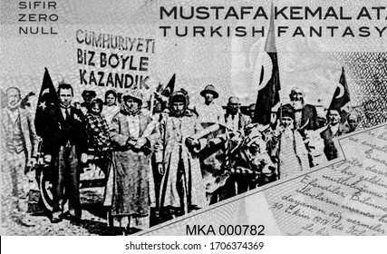 Mustafa Kemal Atatürk - erster Präsident der Türkei. Porträtfotografie mit türkischen Banknoten.