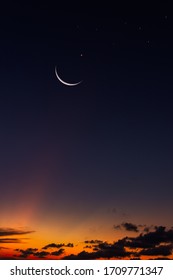 Dusk sky vertical in the evening,crescent moon symbols Islamic beginning Ramadan  .