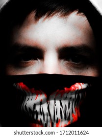 Scary Riot Man face in the mask with Venom teeth