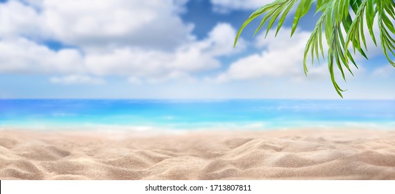 Een zomervakantie, vakantieachtergrond van een tropisch strand en blauwe zee en witte pluizige wolken en groene bladeren van een palmboom.