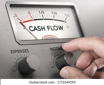 Man turning knob to increase income and cash flow level. Composite image between a hand photography and a 3D background.