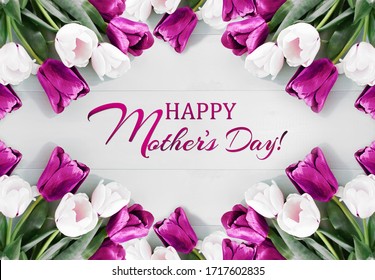 Thành phần của những bông hoa mùa xuân trên bàn gỗ màu trắng. Nhiều hoa tulip trắng và tím cùng dòng chữ Chúc mừng Ngày của Mẹ. Nội dung quảng cáo cho Ngày của Mẹ. Nằm phẳng, xem từ trên xuống, cận cảnh, sao chép không gian