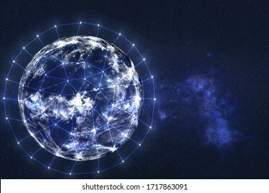夜の太陽系の地球惑星。世界中のデータ交換とグローバル ネットワーク。サイエンス フィクションの壁紙。この画像の要素は、NASA によって提供されました。