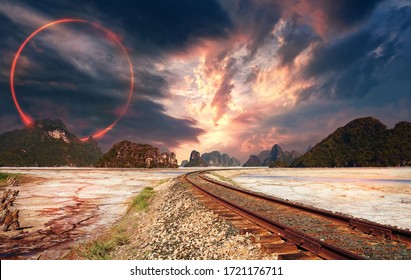 Phong cảnh tưởng tượng và vòng tròn màu đỏ trên bầu trời người bạn đời bức tranh