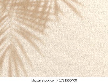 茶色のクリーム粘土泥グランジ セメント テクスチャ壁葉植物影の背景。最小限のコンセプトで夏の熱帯旅行ビーチ。フラット レイアウト パーム自然。