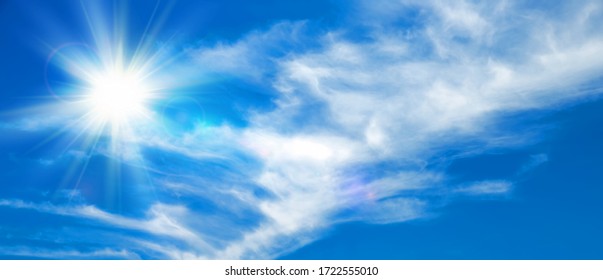 Zonnige achtergrond, blauwe lucht met witte wolken en zon, 3D illustratie.