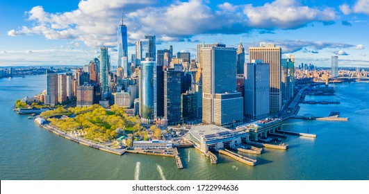 Aerial view of Manhattan Financial District Skyline from New York Harbor