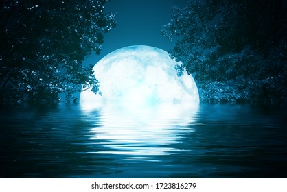 背景の夜の風景。夜空、満月。水面に映る月。