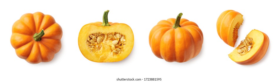 Set of fresh whole and sliced pumpkin isolated on white background. Top view