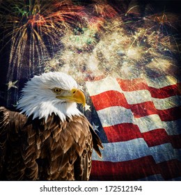 Zdjęcie kompozytowe przedstawiające orła bielika z flagą i fajerwerkami w tle. Piękny, patriotyczny obrazek na Dzień Niepodległości, Dzień Pamięci, Dzień Weteranów i Dzień Prezydentów.