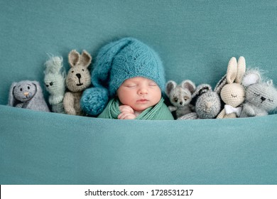 Smuk nyfødt sover med strikket legetøj