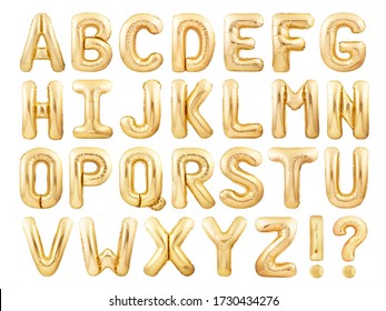 Font balon alfabet terbuat dari balon tiup emas yang diisolasi dengan latar belakang putih. Huruf balon foil emas font bahasa Inggris