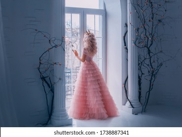 Fairy tale woman princess turned away enjoy view from window. Beautiful carnival pink air tulle lush full gown. Blond long wavy hair royal crown back, rear view. white antique columns black tree room