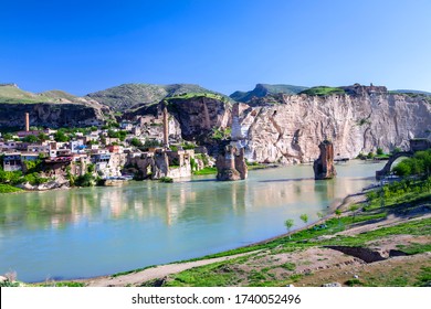 Panoramic view of Hasankeyf in Batman City / Turkey. The ancient city of Hasankeyf, built on and around the banks of the river in southeastern Turkey.