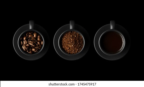 Tiga cangkir hitam dengan kopi dan piring di latar belakang hitam. Satu dengan biji kopi, yang kedua dengan kopi bubuk, yang ketiga dengan kopi hitam, espresso.