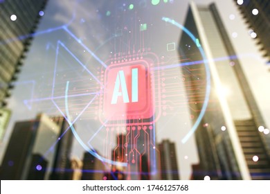 ぼやけた街並みの背景に、クリエイティブな人工知能の略語ホログラムの二重露光。未来の技術と AI の概念