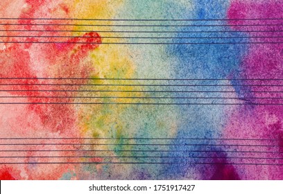 Kleuren van regenboog. Melodie concept. Oud muziekblad in kleurrijke aquarelverf. Muziekconcept. Abstracte kleurrijke aquarel achtergrond.