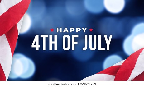 Happy 4th of July Teks Liburan dengan Patriotic American Flags Border dan Blue Blurred Bokeh Lights Latar Belakang USA, Desain Banner Tipografi Hari Kemerdekaan