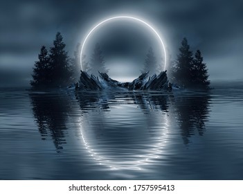 Bosque futurista oscuro y frío. Escena dramática con árboles, luna grande, luz de luna. Humo, sombra, smog, nieve. Reflejo del paisaje del bosque nocturno en el río, mar, océano. Ilustración 3D