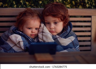 adorables petits frères et sœurs recouverts d'une couverture, regardant des dessins animés au téléphone un soir d'été