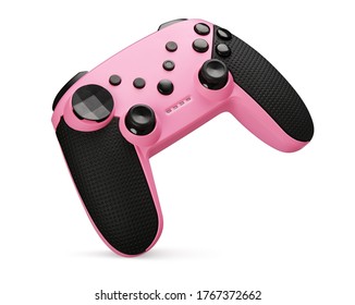 จอยสติ๊กสีชมพูทันสมัย ​​ตัวควบคุมวิดีโอเกมแยกไว้บนพื้นหลังสีขาว เส้นทางตัด