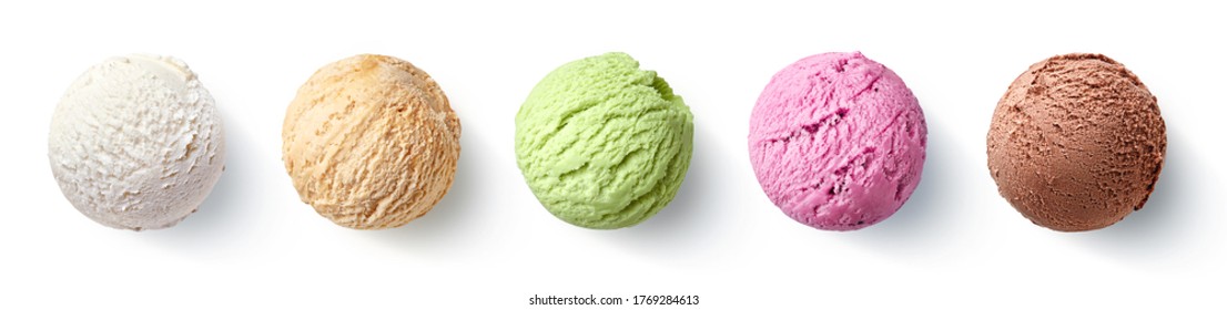 Conjunto de cinco diferentes bolas de helado o bolas aisladas sobre fondo blanco. Vista superior. Sabor vainilla, fresa, caramelo, pistacho y chocolate