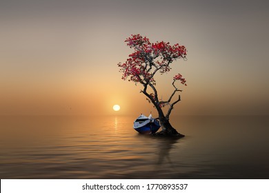 een boot met een boom in de zonsondergang