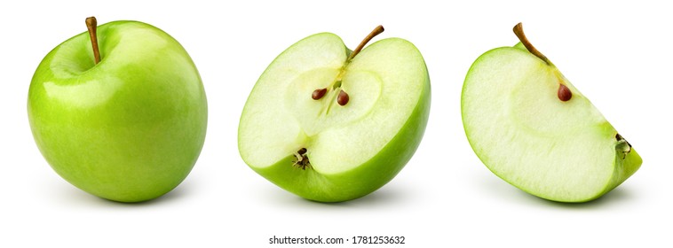 青リンゴを分離します。白い背景の上のリンゴ。全体、半分、スライス青リンゴ クリッピング パスを設定します。