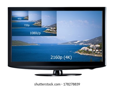 4K-TV-Display mit Auflösungsvergleich. Ultra HD auf modernen Fernsehern