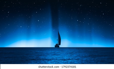 暗い海のルートに沿って豪華ヨットを航行 – オーロラ・ボレアリス「NASA​​が提供するこの画像の要素」