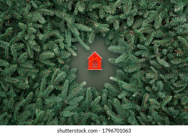 Christmas decorations ,green branches with red house