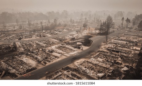 Aerial View of the Almeda Wildfire in Southern Oregon Talent Phoenix Northern California. Fire Destroys many people's livelihoods and flips their lives upside down after fire had blown through town.