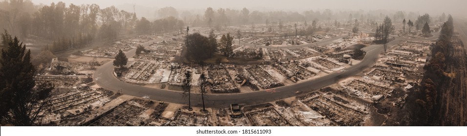Aerial View of the Almeda Wildfire in Southern Oregon Talent Phoenix Northern California. Fire Destroys many people's livelihoods and flips their lives upside down after fire had blown through town.